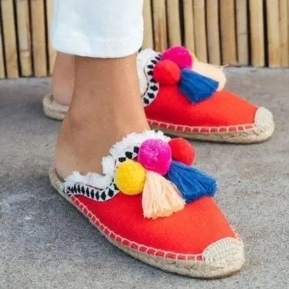 Soludos Red Coco Pom Espadrille Flat Slides Fring… - image 1